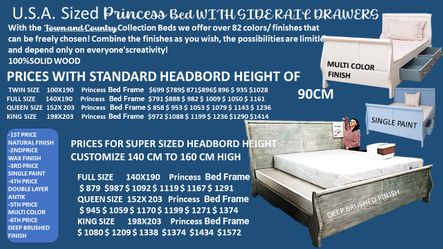U.S.A. Sized Princess Bed WITH SIDE RAIL DRAWERS 
